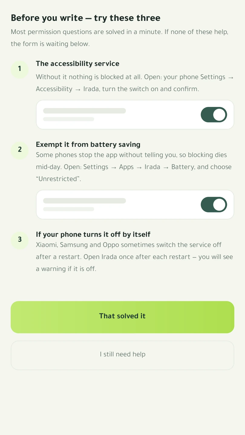 The “Before you write — try these three” screen inside the app: the accessibility service, battery-saving exemption, and phones that switch the service off by themselves