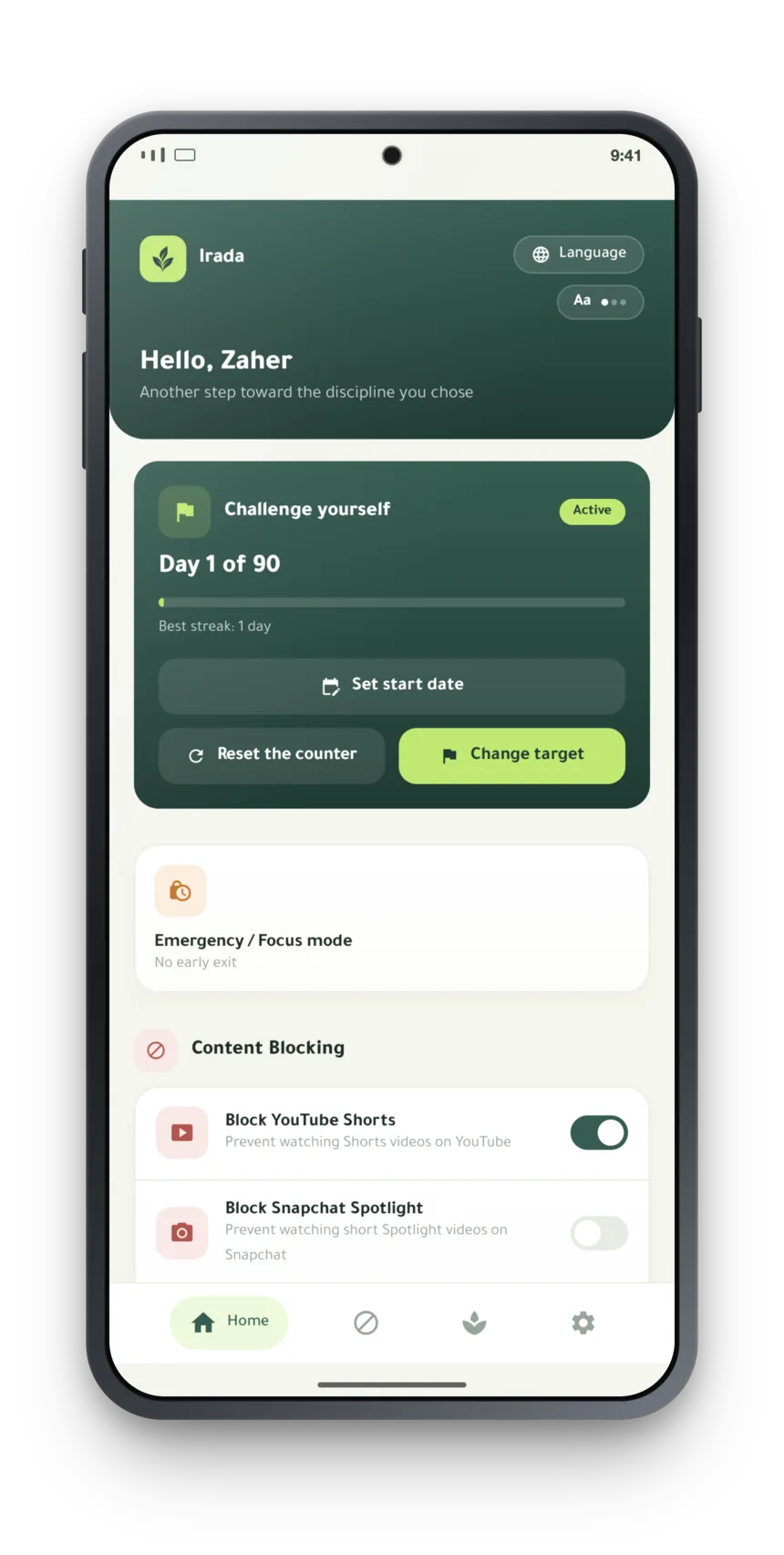 The Irada home screen: the challenge card, the emergency button, and the content-blocking switches