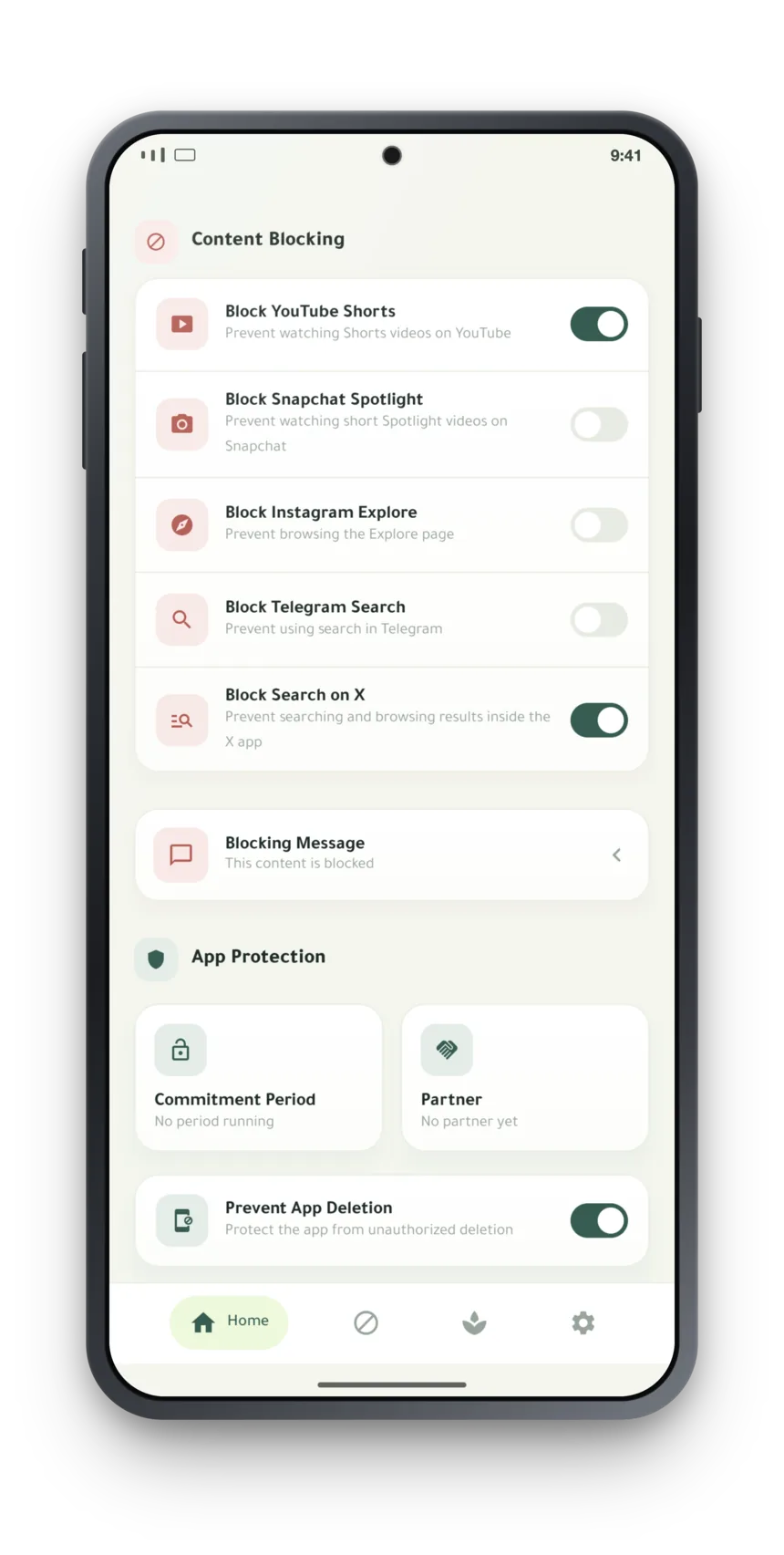 Content blocking and app protection: a switch per section, plus commitment period, partner and deletion guard
